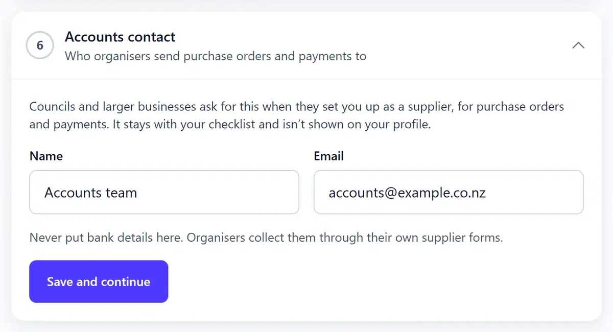 Step 6, Accounts contact: name and email