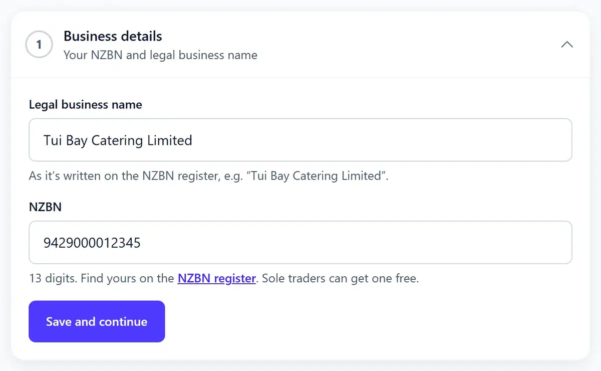 Step 1, Business details: legal business name and NZBN