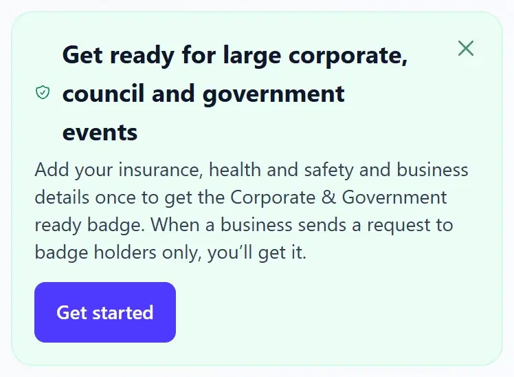 The Corporate & Government card on the vendor dashboard, with a Get started button