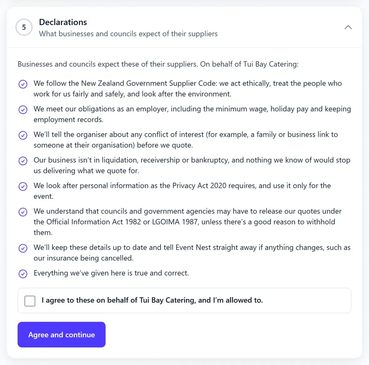 Step 5, Declarations: the list to read and the box to agree on behalf of your business