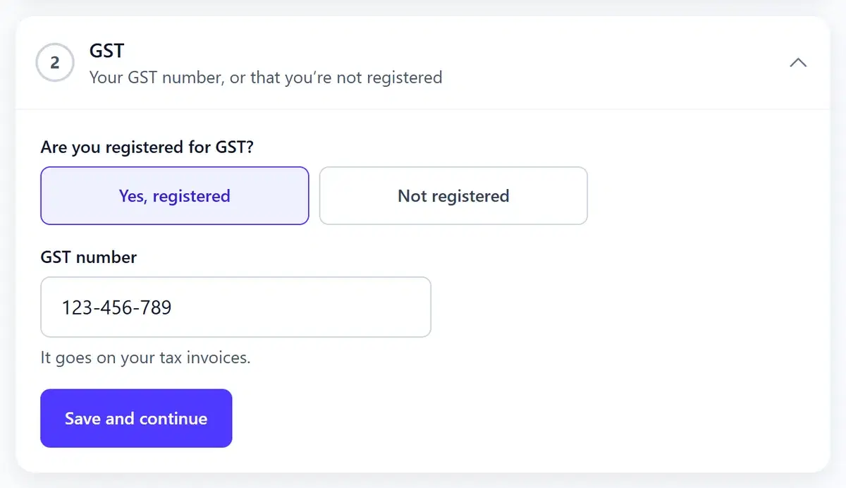 Step 2, GST: registered or not, and the GST number