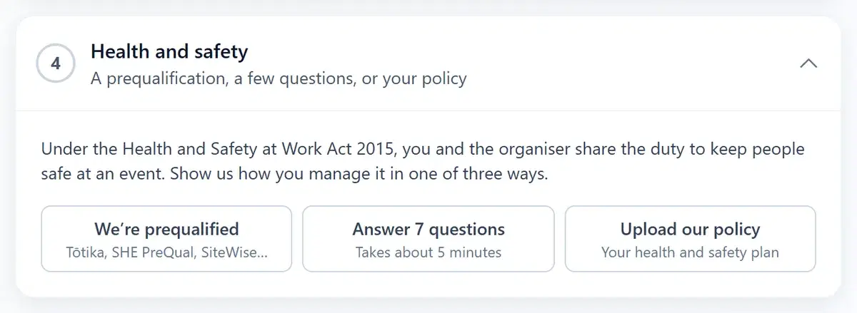 Step 4, Health and safety: prequalified, answer 7 questions, or upload a policy